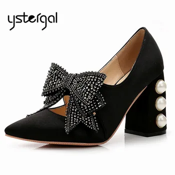 

Ystergal Fashion Bowknot Women Pumps Mary Janes 10CM Chunky High Heels Pearl Decor Ladies Wedding Dress Shoes Woman Stiletto