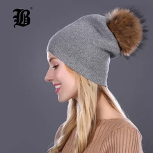 [FLB] Зимние шапки для женщин, теплые шерстяные шапочки, шапка, новые модные двойные шапки со стразами из натурального меха норки, помпон FLBMX17012