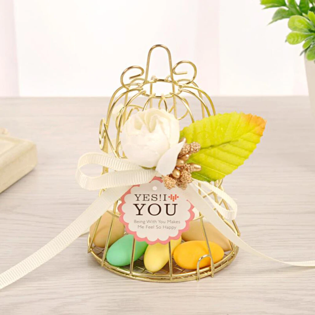 MagiDeal Gold Iron Bell Tin Bar Birdcage Metal Chocolate Candy Box Birthday Shower Party Favor Wedding Bomboniere with Ribbon