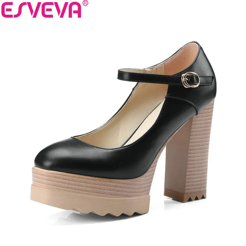 

ESVEVA 2018 Women Pumps Square High Heels Buckle Strap Slim Look PU Leather Round Toe Platform 3.5cm Ladies Shoes Size 34-42