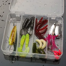 20 Pcs /Set Fishing Tackle Box with Jig Head Fishhooks Soft Worm Maggots Minnow Feathered Spoon Earthworm Cricket Lures Set
