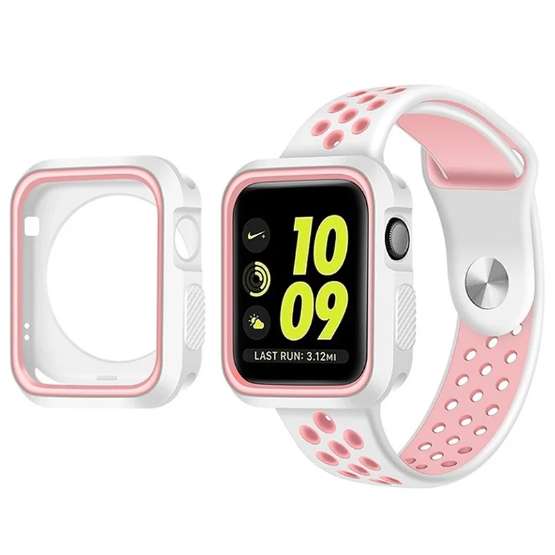 LPWHH Silicone Watchband For Apple Watch Band 40mm 42mm 44 Holes Soft Black Red Yellow Set With Case For Iwatch Band 38mm Straps