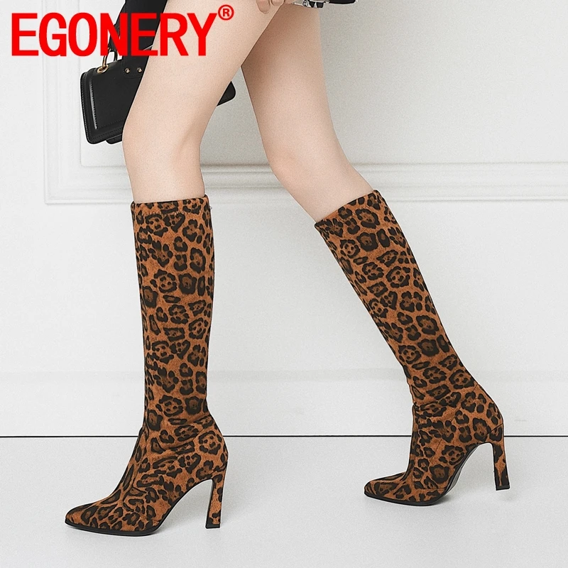 

EGONERY women shoes 2019 winter new fashion sexy pointed toe kid suede knee high boots outside super high heels leopard shoes