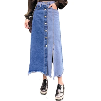 

Women Skirt 2019 Summer New Patchwork Button Straight Ankle Long Skirts Female Irregular Coloring Crash Color Denim Skirts CM207