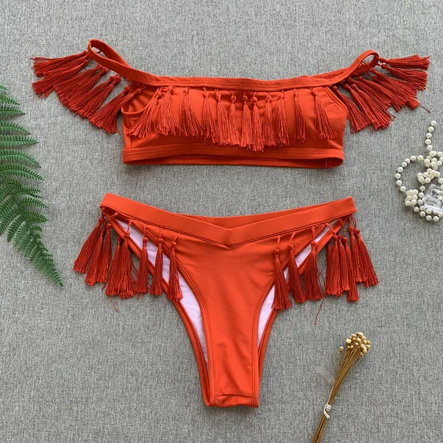 Peachtan Tassel red bikinis 2019 mujer Bandeau swimsuit female Push up sexy swimwear women bathing suit beach wear new summer