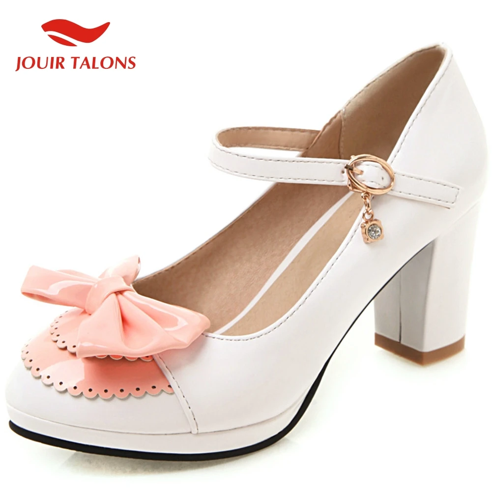 

On Sale High Heels Pumps Woman Shoes Women Mary Janes Shoes Sweet Bow Lovely Lolita Cute Heeled Shoes Woman Big Size 30-50