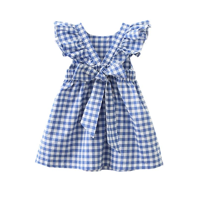 

Hurave Summer sleeveless plaid baby Girl clothes ruffles backless Children dress crew neck baby dresses Kids Clothing