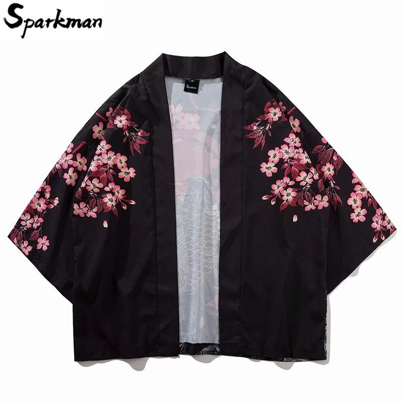 Chinese Style Good Luck Gold Fish Print Kimono Jackets 2018 Autumn Casual Mens Harajuku Streetwear Jacket Coat Summer Thin Gown Chinese Style Good Luck Gold Fish Print Kimono Jackets 2018 Autumn Casual Mens Harajuku Streetwear Jacket Coat Summer Thin Gown