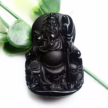 

Drop shipping Natural Obsidian Hand-Carved Lucky Guan gong Amulet polish pendant Necklace.