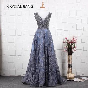 

In stock 2019 Sexy V Neck Heavy Beaded Evening Dress A Line Navy Lace Evening Long Dresses for Party