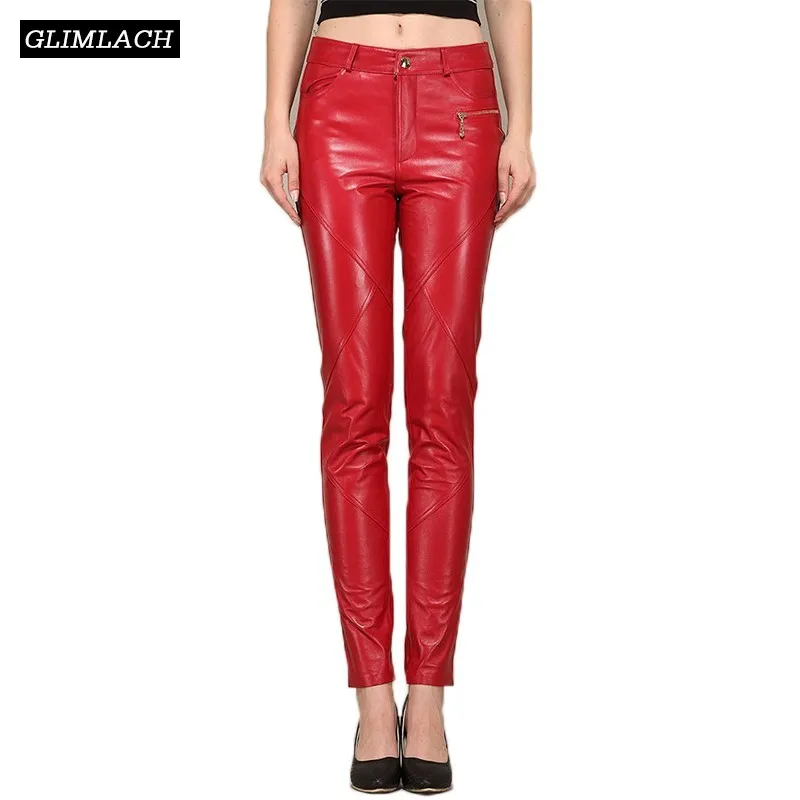 

Lady Luxury Sheepskin Plus Size Genuine Leather Trousers Women Slim Real Leather Pencil Pants Female Skinny Autumn Streetwear