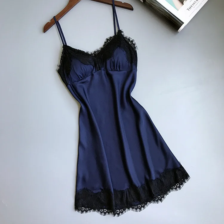 Кружева спагетти ремень женщин Ночная рубашка сексуальная с Pad Глубокий V женское белье - Цвет: blue