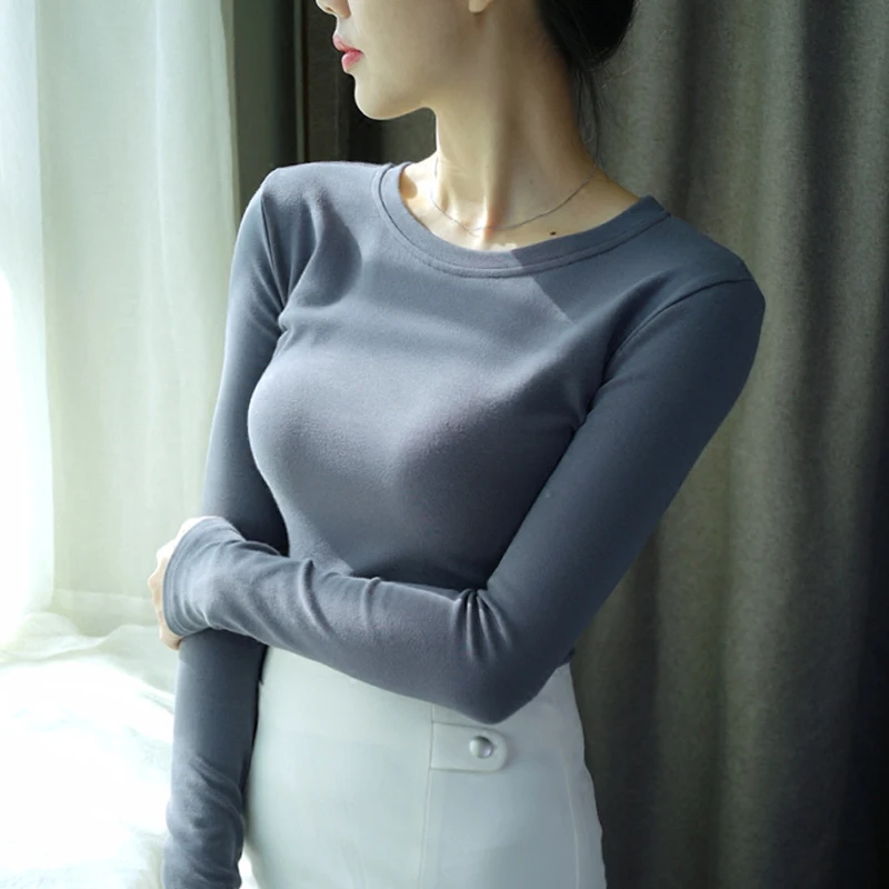 2019 New Woman Elastic Skinny Tee Shirts Long Sleeve O Neck Solid Slim Fitting Casual Tees Tops 