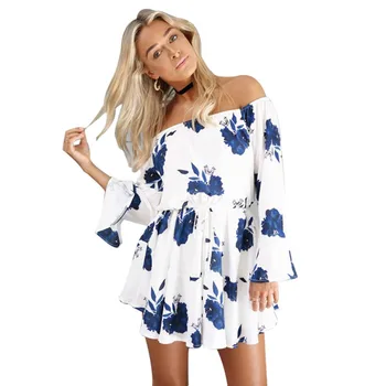

Women's Boho Mini Dress Off Shoulder Ruffle Sleeve Floral Print Tunic Sundress Female Slash Neck Backless Loose Summer Dresses