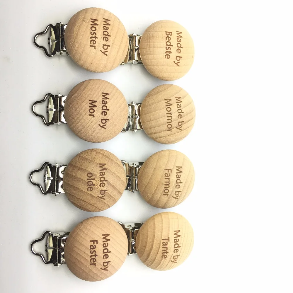 

40PCS Laser Engrave Logo Beech Wood Baby Pacifier Dummy Holder Clips