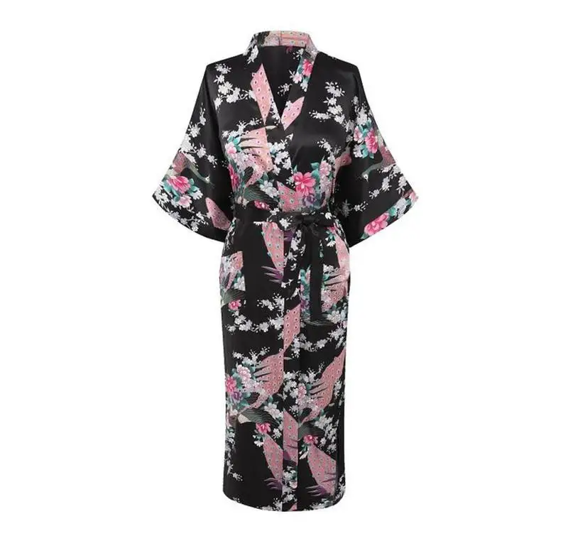Белый Сексуальный Цветок юката кимоно банное Платье женское шелковое длинное белье с v-образным вырезом халаты пижамы костюмы для сауны размера плюс S-XXXL NR069 - Цвет: Middle Black
