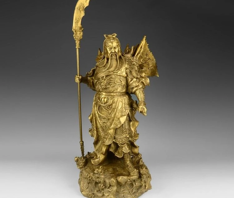 

22 Chinese Brass Copper Guan Gong Guan Yu Buddha 5 Flag Hold Dragon Sword Statue