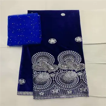 

African Velvet Lace Fabric With Sequins soft velveteen material royal blue Velvet Lace for wedding dress 5+2yards per piece