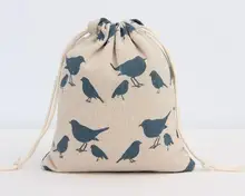 Happy Bird – sac en lin imprimé avec cordon de serrage, paquet de 50 pochettes cadeaux pour bijoux, mariage, fête d'anniversaire, 9x12cm, 10x15cm, 13x17cm