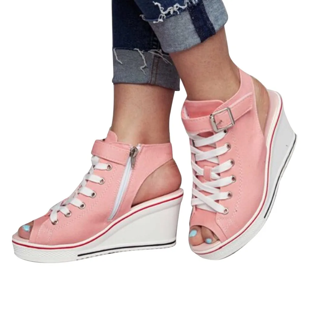 

YOUYEDIAN summer shoes women 2019 Canvas High Shoes Adjustable Buckle Peep Toe Creepers Wedges Shoes Sandals sandale femme #Y3