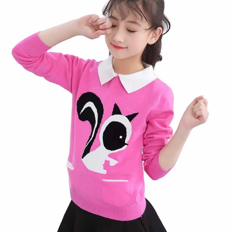 Одежда для девочек-подростков 12 лет свитеры для девочек зимний свитер с героями мультфильмов пуловер, вязаные свитера для детей Поддельный Воротник платье принцессы «кроше» - Цвет: 11 pink
