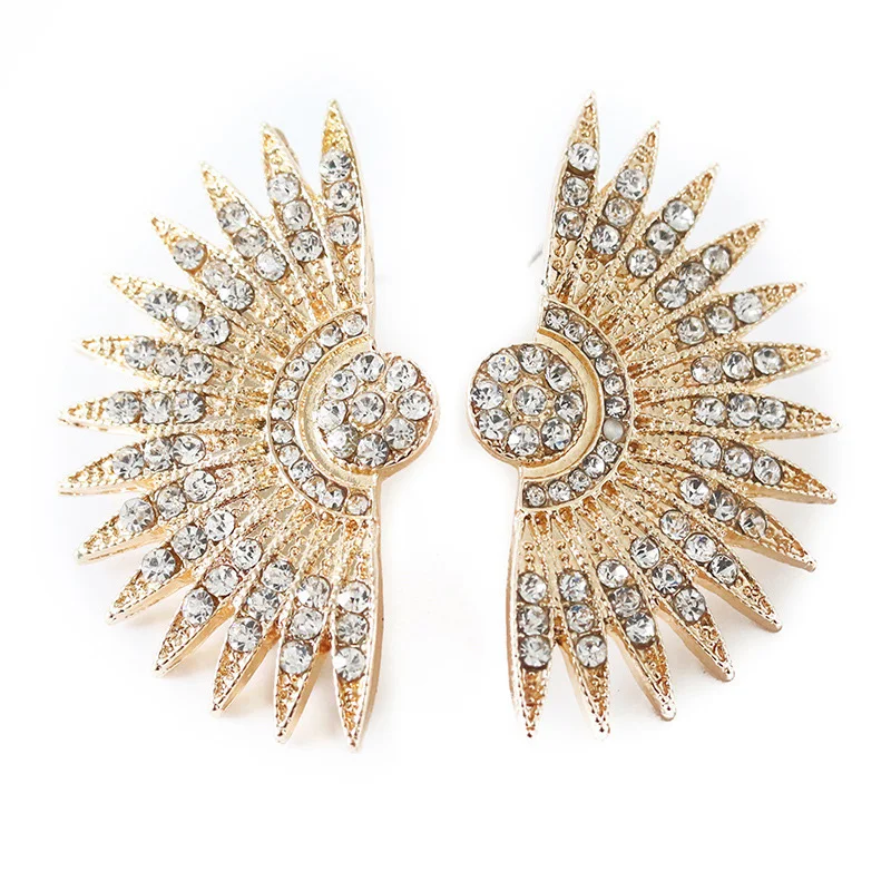 12 Pieces/Lot Big Punk Fan Shaped Stud Earrings Rhinestone Cubic