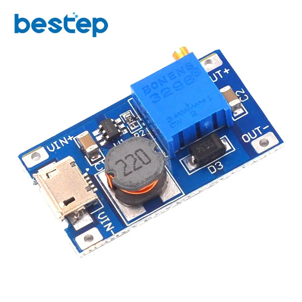DC-DC Adjustable Boost Module 2A Boost Plate 2A Step Up Module with MICRO USB 2V - 24V to 5V 9V 12V 28V MT3608 LM2577