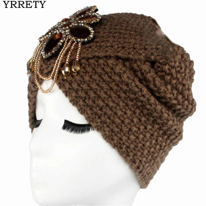 

YRRETY Autumn Winter Warm Women Braided Turban Beanies Hat Diamond Hooded Caps Knitting Wool Female Skullies Stretch Headdress