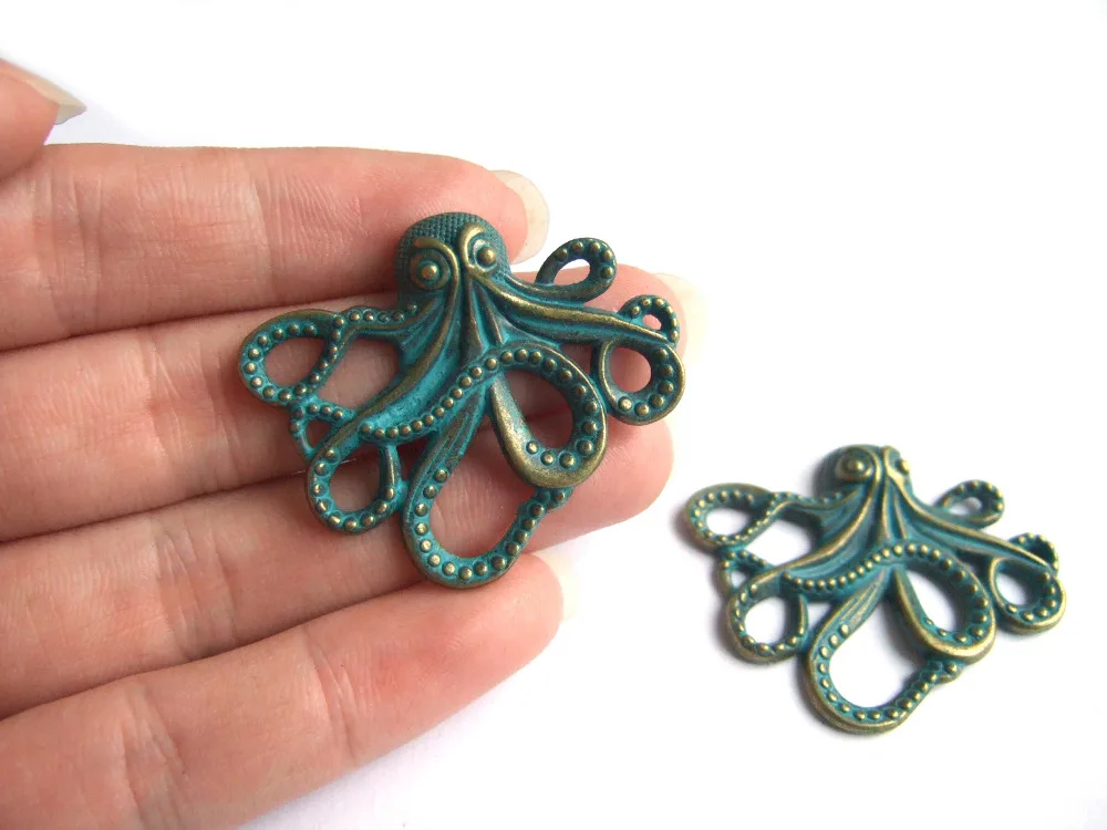 

10pcs Antique Green Bronze Verdigris Patina Octopus Charms Pendants Steampunk Nautical 35x42mm