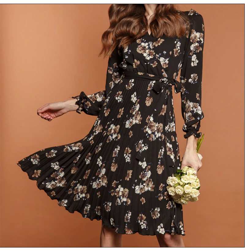 S. FLAVOR, весеннее винтажное платье с v-образным вырезом, модное плиссированное платье миди с длинным рукавом, Ретро стиль, цветочный узор, вечерние платья
