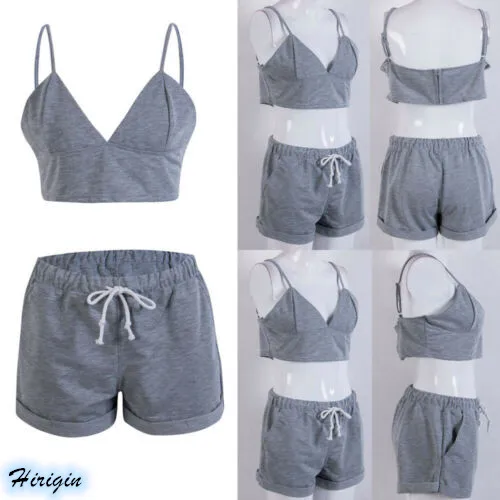 

2 Piece Set Women HOT Summer Women's Casual Cotton Sleeveless V-Neck Short Tops+Lace Up High Waist Shorts