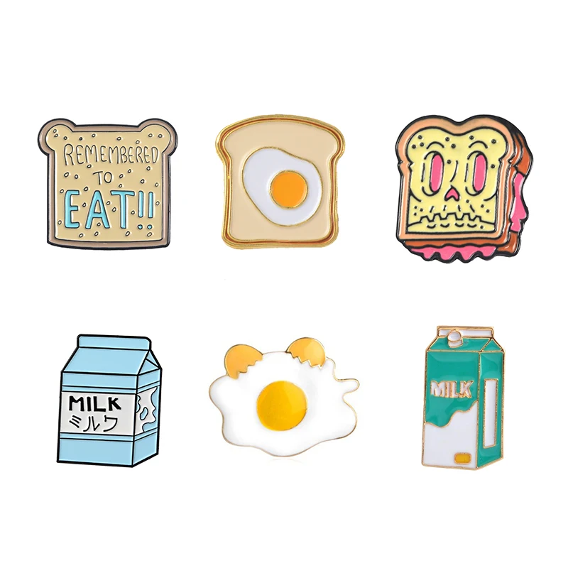 Идеальный Завтрак эмаль Pin милый мультфильм тост ломтики хлеба Молоко Яйцо Броши