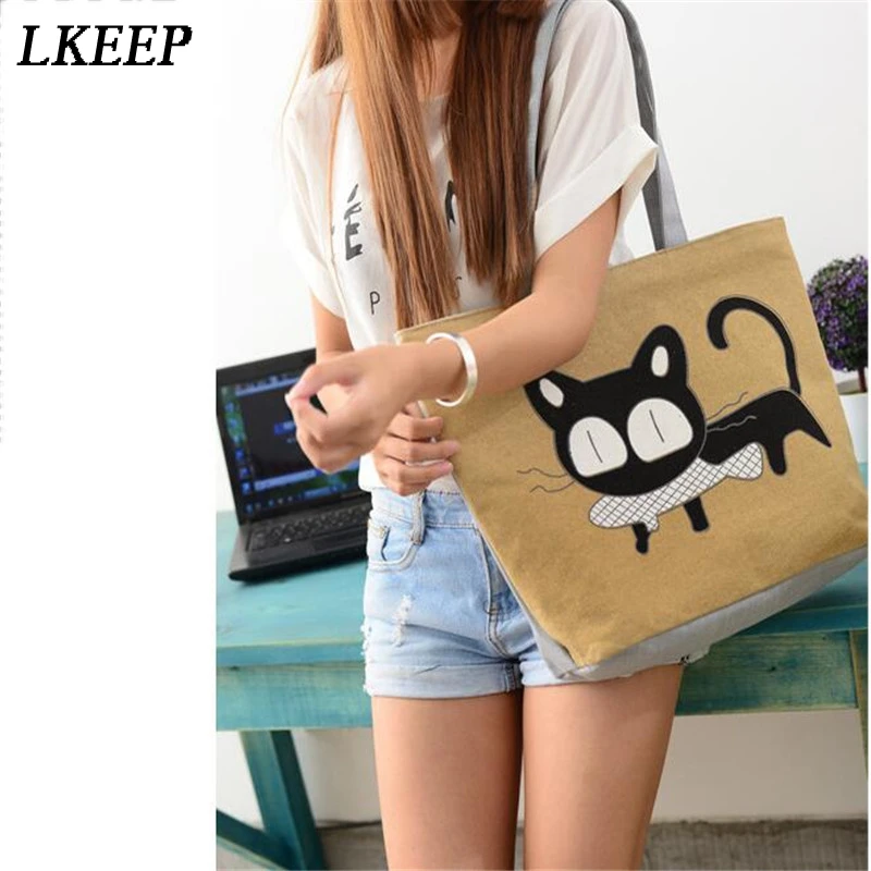 

Women Canvas Shopping Bag Cartoon Cat Printed Shoulder Bag Female Large Capacity Ladies Beach Bag Women Tote Shopping Handbag