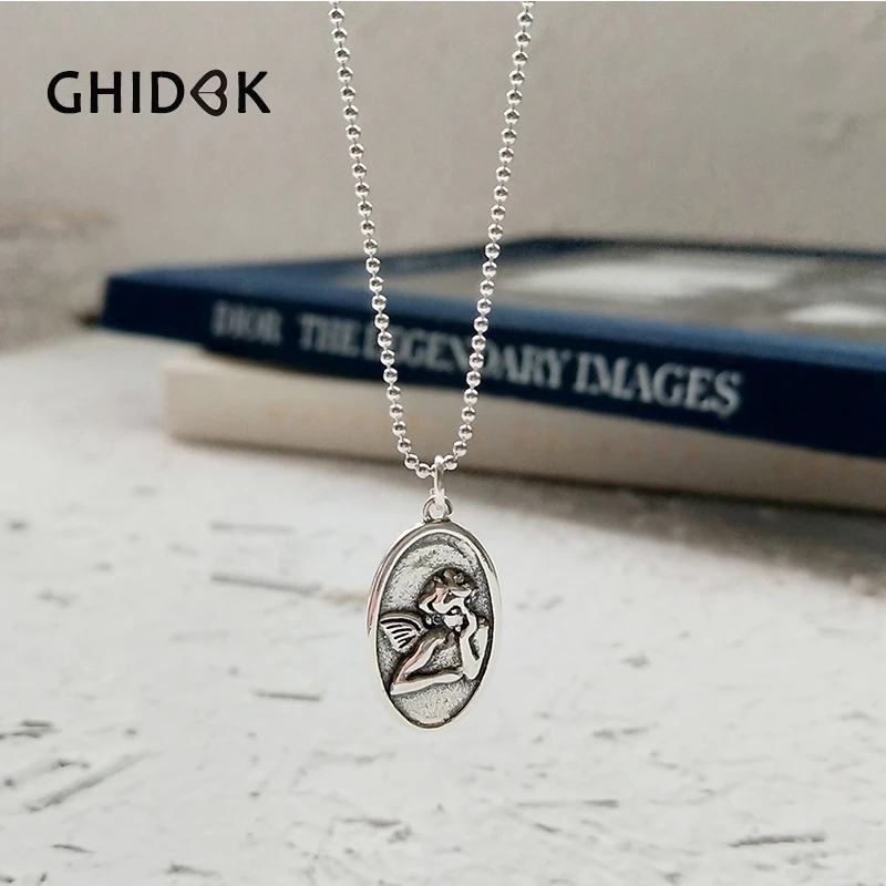 

GHIDBK 925 Sterling Silver Angel Baby Pendant Necklaces for Women Vintage Beaded Chains Chokers Oval Coin Charm Choker Necklaces
