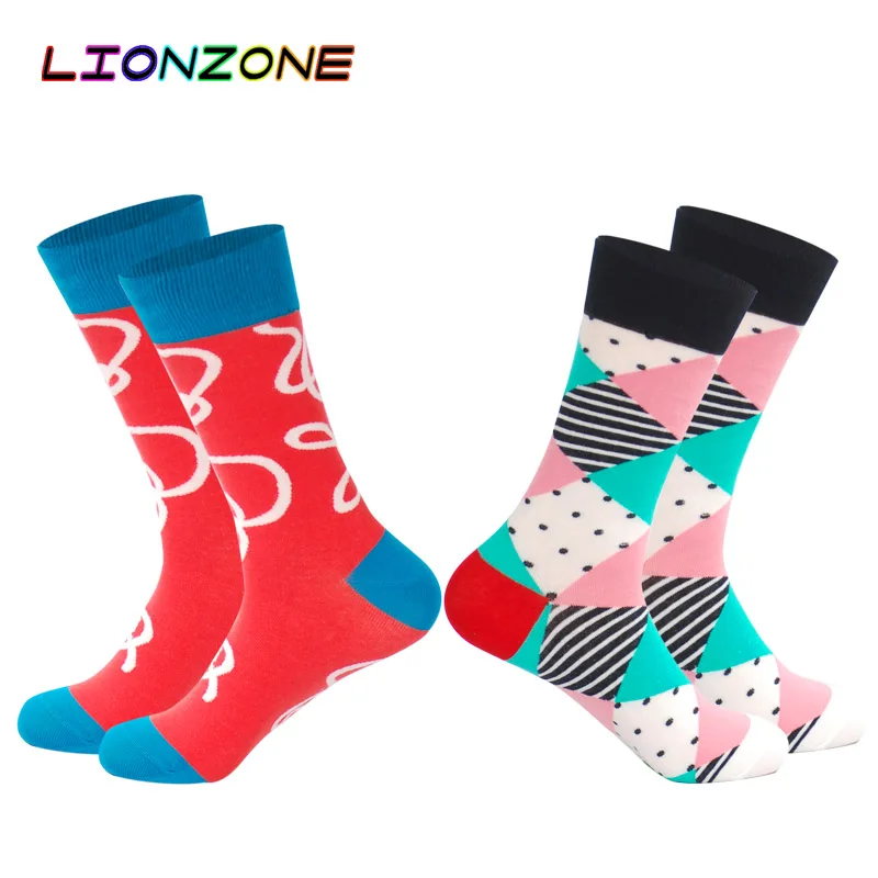 LIONZONE/2 пары мужских рождественских носков, новогодний цветной счастливый Носок, в горошек, в полоску, с рисунком пива, Soks Chaussettes Homme Fantaisie - Цвет: 13-14