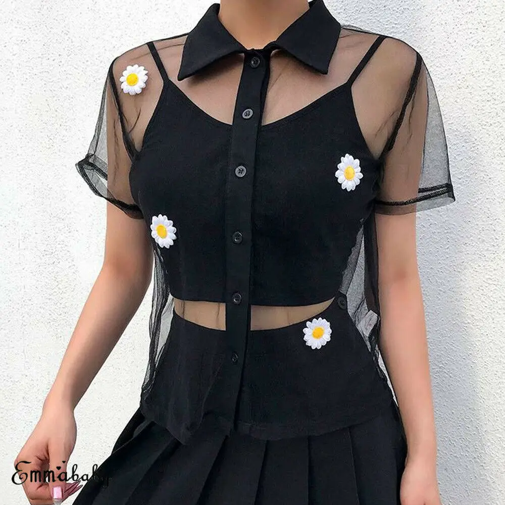 

Fashion Ladies Women's Short Sleeve Mesh See Through Floral Button Top T-Shirt Tees Casual Loose Cover Up Unique Cute T-shirts
