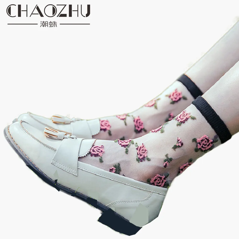 

CHAOZHU 2019 Women Kawai Floral Jacquard Summer Thin Crystal Sheer Socks Transparent Sweet Pink Rose Lady Socks Ponczochy New