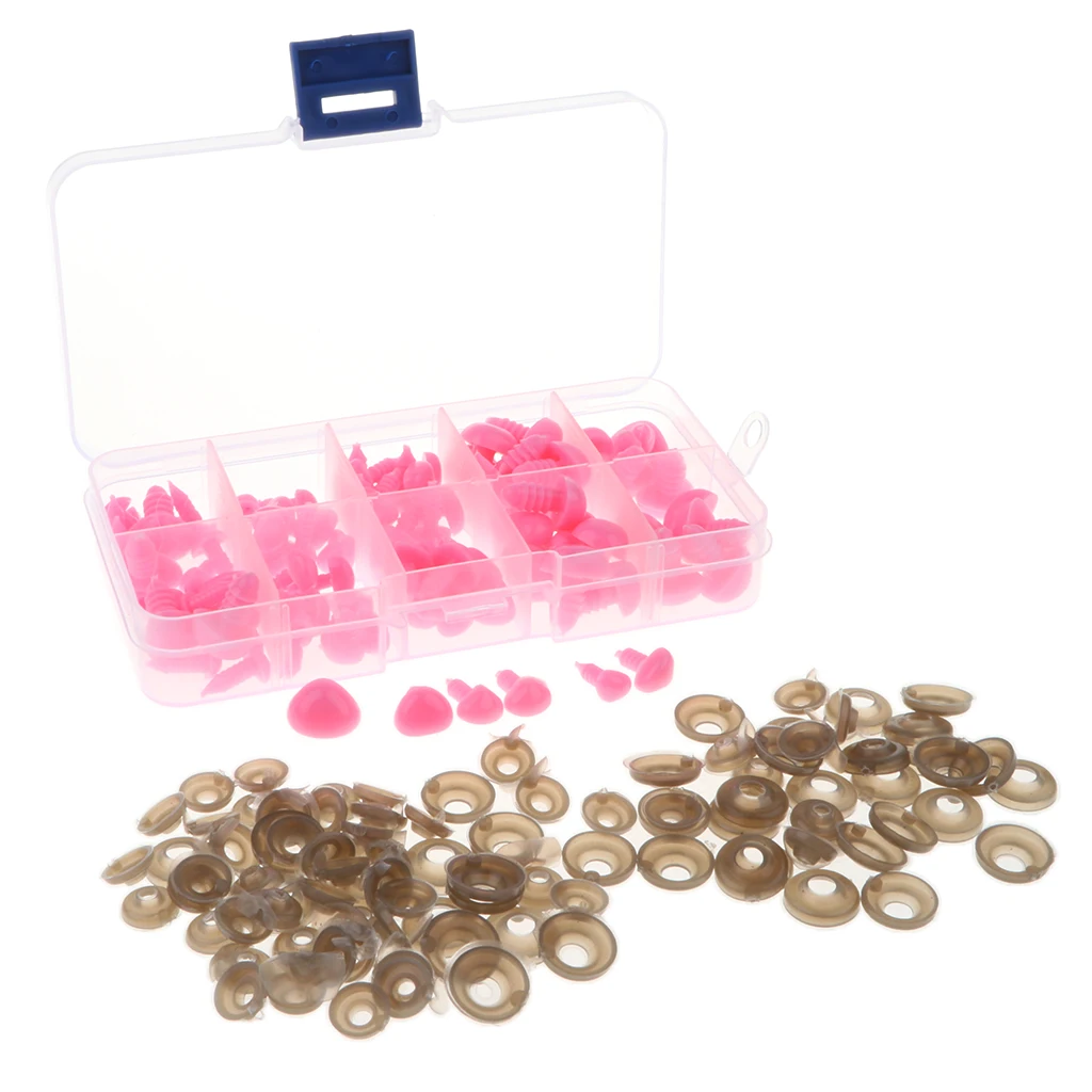 Box of 100 Pieces 7-13mm Plastic Safety Eyes Noses with Washers for Puppet Bear Doll Animal Stuffed Toys DIY Sewing Craft Pink
