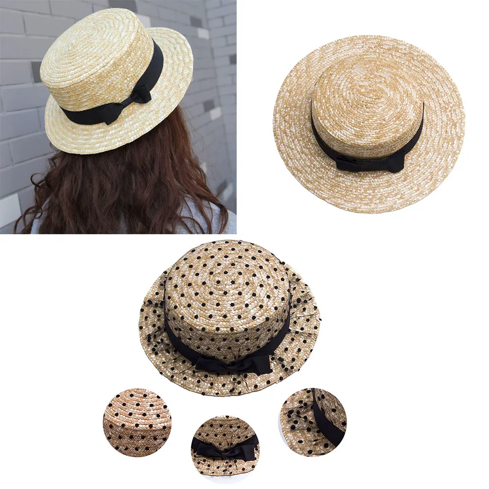 1* Summer Straw Hat Sun Caps Ribbon Round Flat Top Straw Beach Hat
