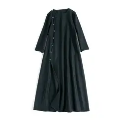 Осенне-зимнее Новое толстое шерстяное платье в китайском стиле на пуговицах с длинным рукавом, черное свободное платье высокого качества