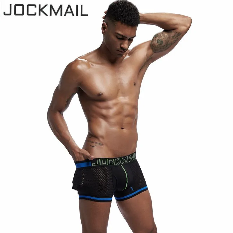 JOCKMAIL Марка мужское нижнее белье, боксеры, спортивные шорты, легкие, с Шорты нейлоновая сетка шорты cueca сексуальный бренд, легкие, с мешочком для пениса, бумажный стаканчик Мужской трусики для геев