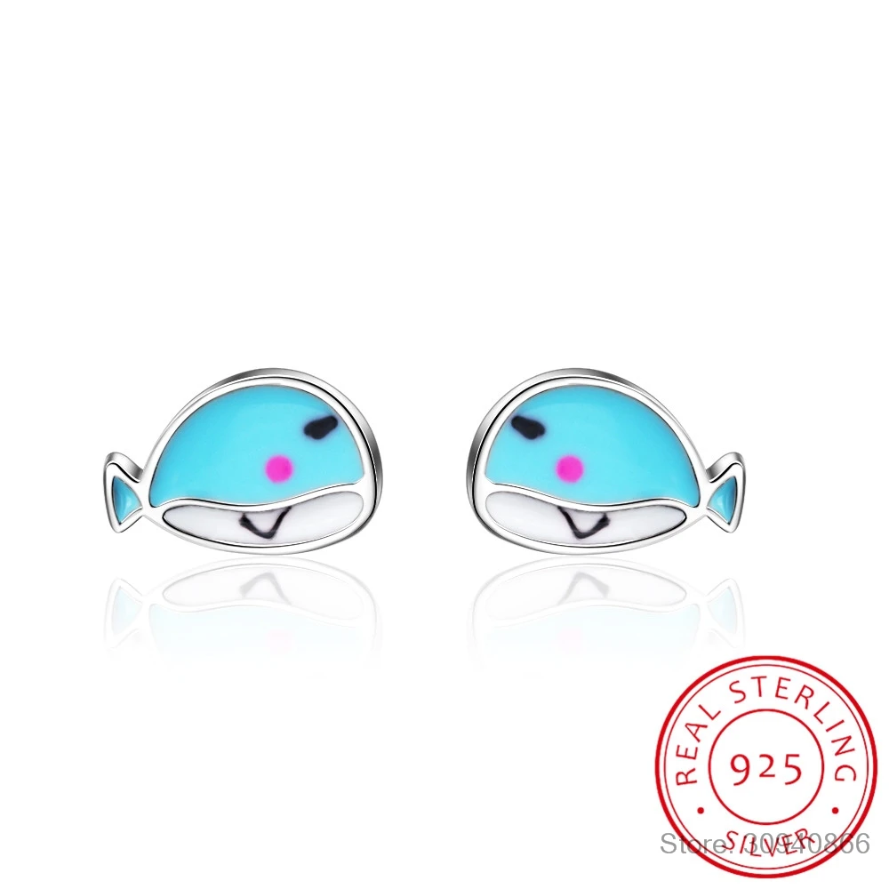 

100% S925 Sterling Silver Blue Lovely Whale Stud Earrings for Girls Kids Children Creative Cute Marine Animal Jewelry