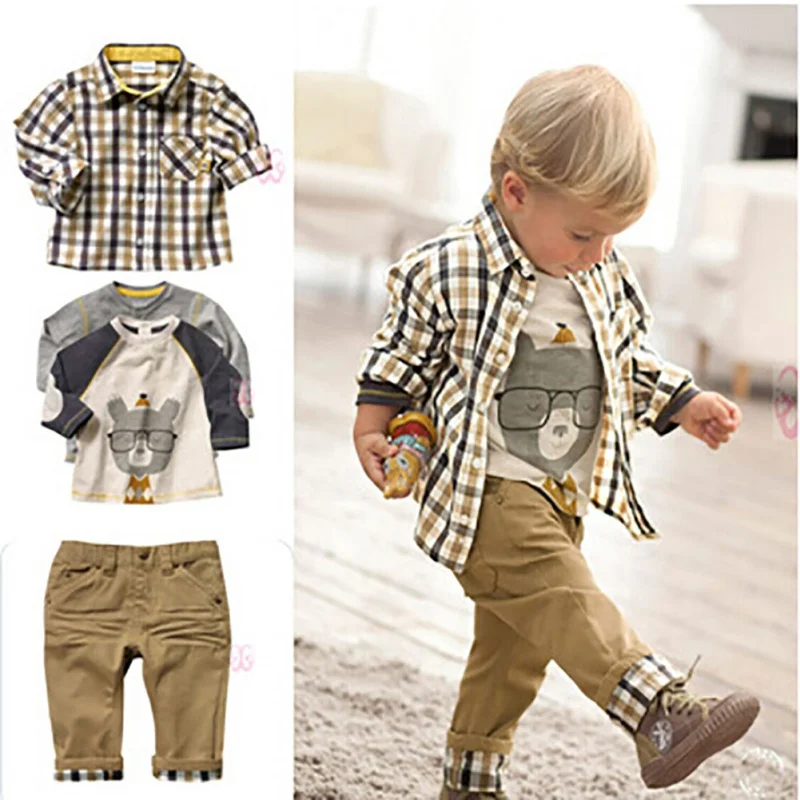 

3pcs Spring Summer Baby Boy Gentleman Outfits Toddler Kids Set 2 4 6 8Y Boy Plaid Print Shirt Cartoon T-Shirt Pants Trousers