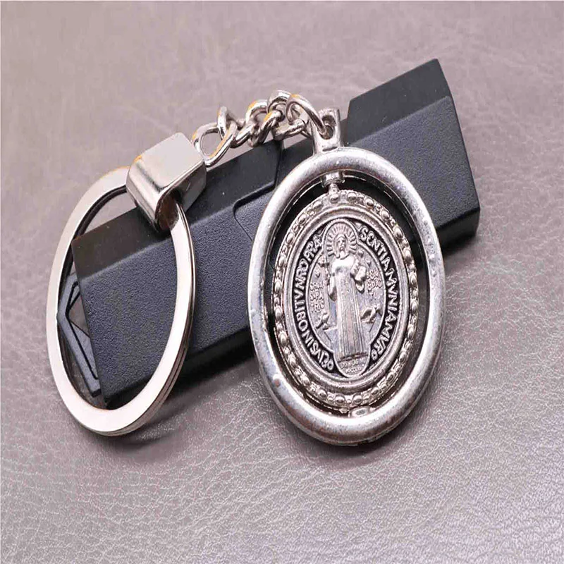

Classic Rotary St. Benedict's Cross Key Chain Car Motorcycle Key Chain Orb Jewelry, Jesus Rotating Cross Keychain Keyring