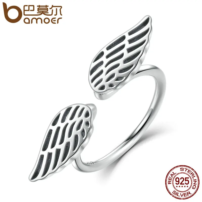

BAMOER 100% 925 Sterling Silver Openwork Wings Feather Finger Ring for Woman Fine Jewelry SCR026