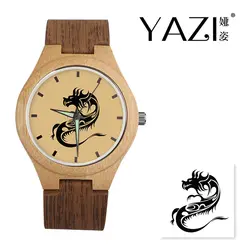 YAZI уникальные деревянные часы Дракон повезло Логотип Кварцевые часы Натуральный Бамбук Дерево наручные часы Дерево полоса группа подарок
