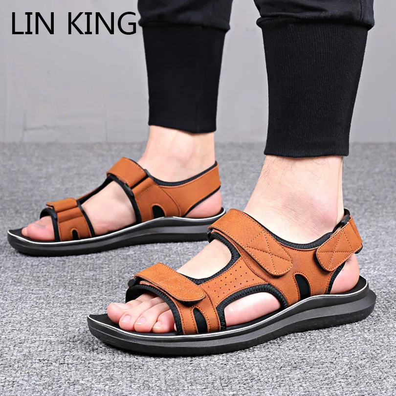 

LIN KING New Design Style Pu Leather Men's Sandals Anti Skid Wedg Summer Slippers Comfortable Beach Shoes For Male Outdoor Slide
