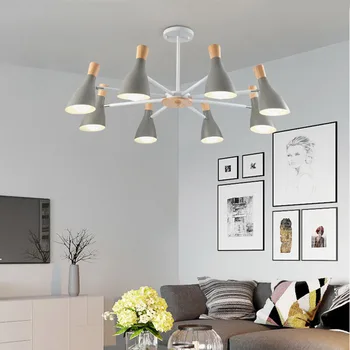 

Postmodern Led Hanging Lights Fixtures Iron Shade3/6/8 Heads Nordic Pendant Lights Lamp Wood Living Room White/Green/Gray E27