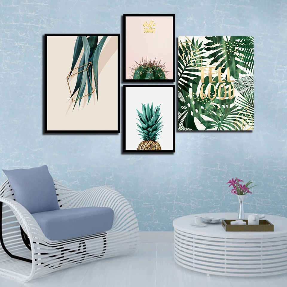 

Watercolor Green Plants Leaves Painting Nordic Style Poster Canvas Prints Pineapple Cactus Pictures For Girl Room Decor Wall Art