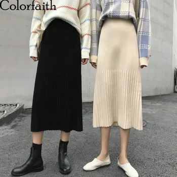 

Colorfaith 2019 New Women Skirt Autumn Winter Knitting Pleated A-line Skirt Casual Eelegant Ladies Fashion Package Hip SK4279